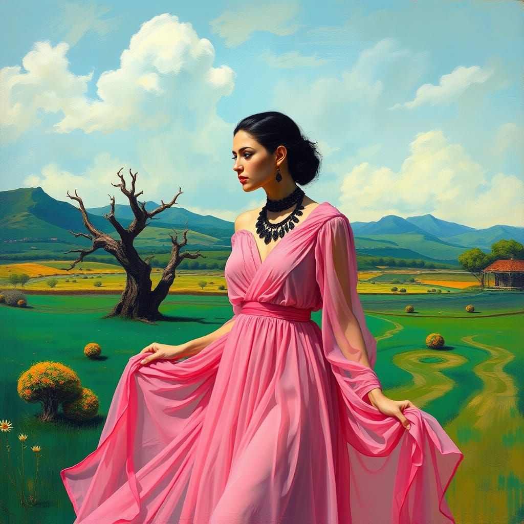 Woman in Pink Dress: A Surrealist Vision
