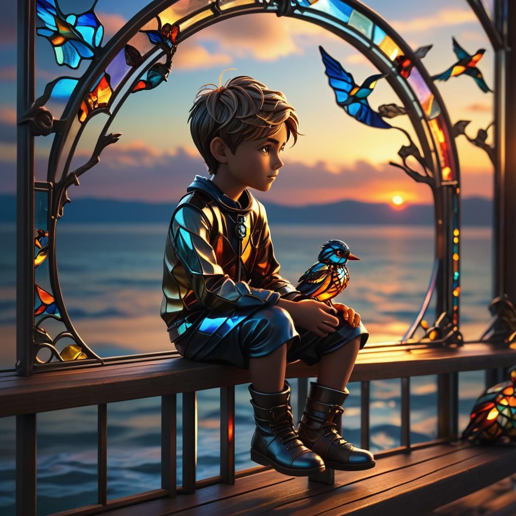 Stained Glass Puppet Boy at Sunset