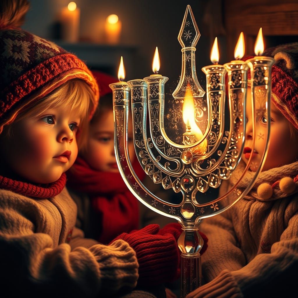 Cozy Children Admire Glowing Glass Menorah