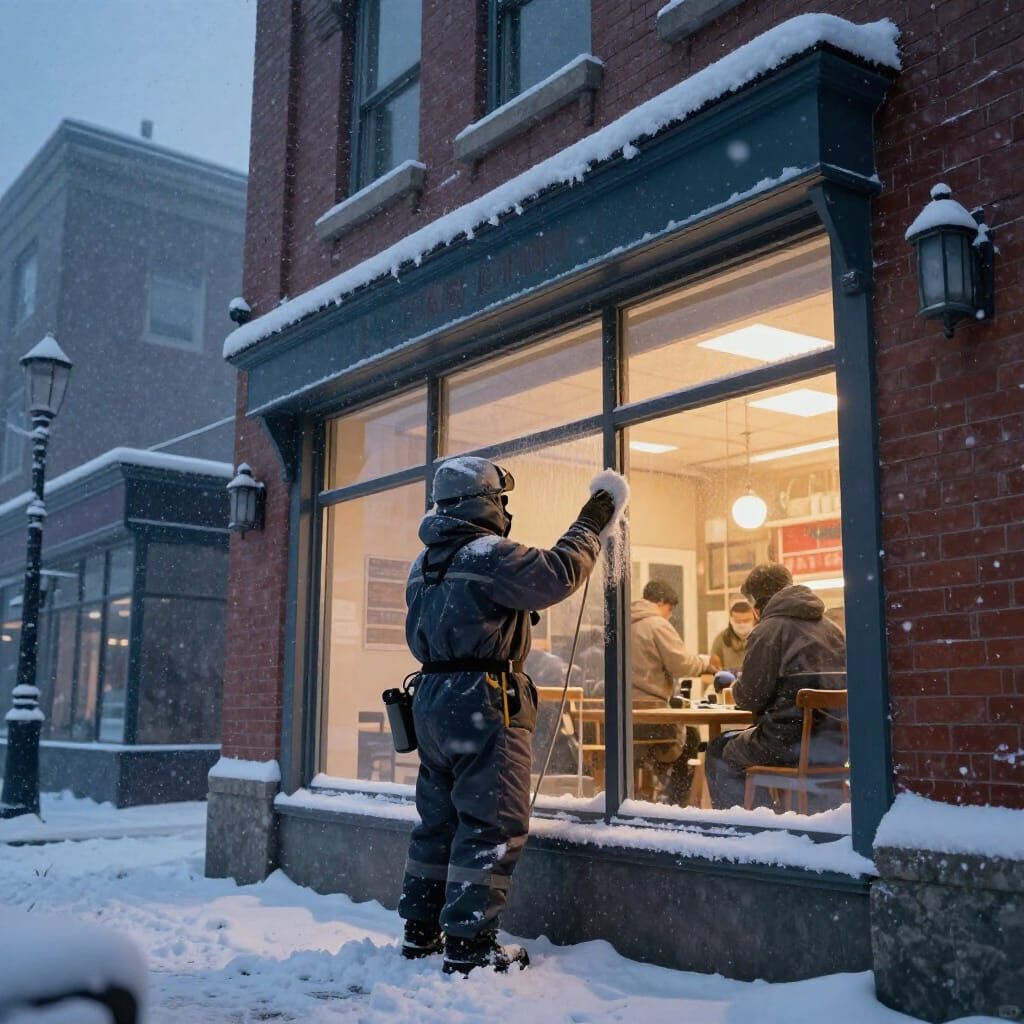 Window Cleaner Working on a Cold Winter Day