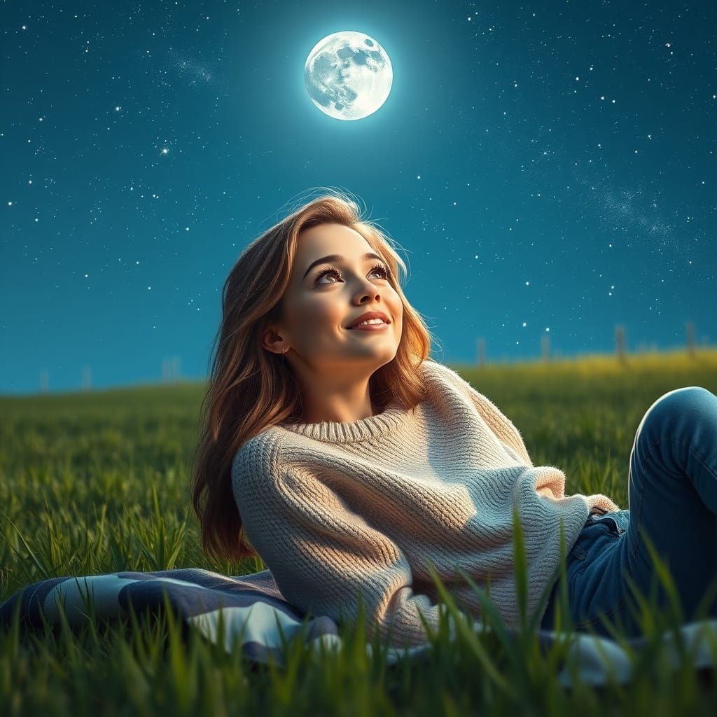 Serene Summer Night Landscape with a Dreamy Young Woman