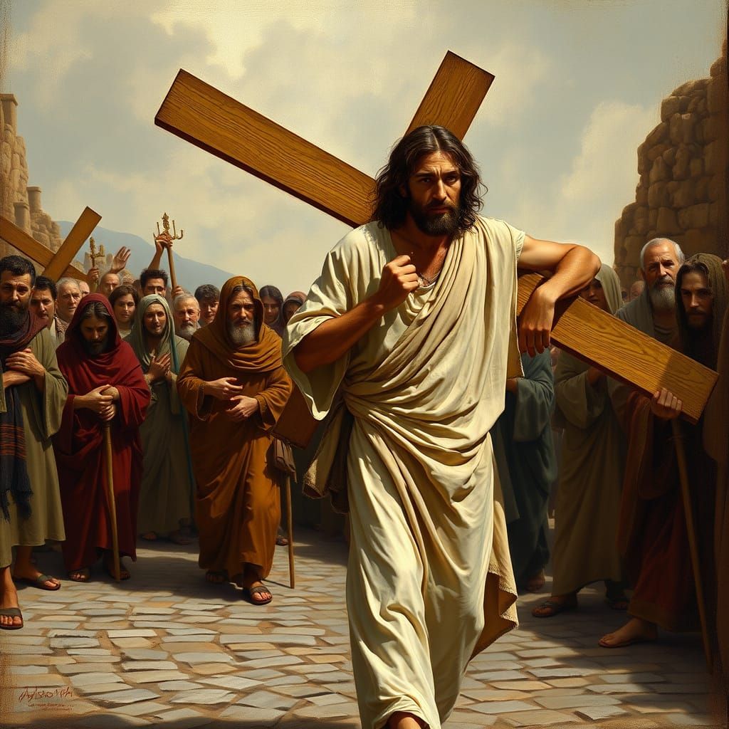 Jesus Carrying Cross in Dramatic Lighting