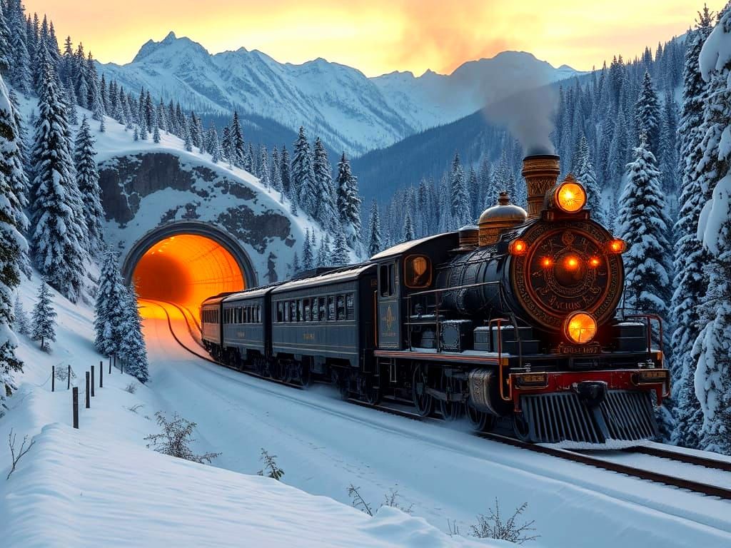 Intricate Train Emerging from Snowy Mountains