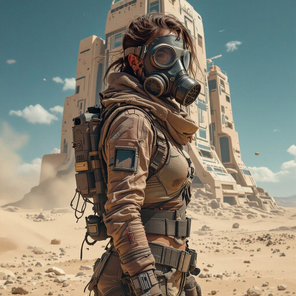 Post-Apocalyptic Survivor in Sci-Fi Desert Landscape