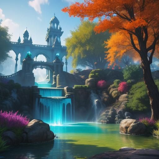 Colorful Fountain Concept Art in Oil Painting Style