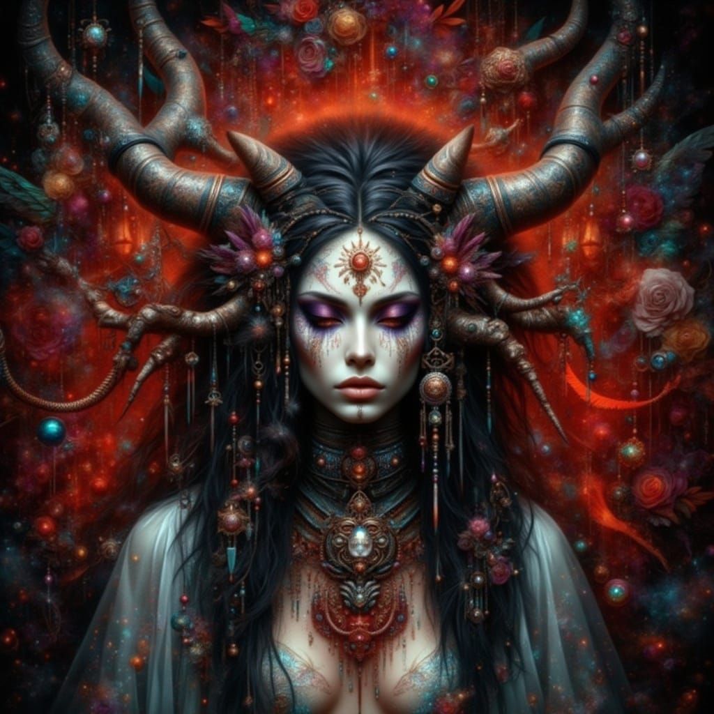 Gothic Mystic Goddess with Ethereal Wings and Florals