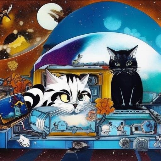 Dystopian Biopunk Cat in Surrealist Woodblock Style