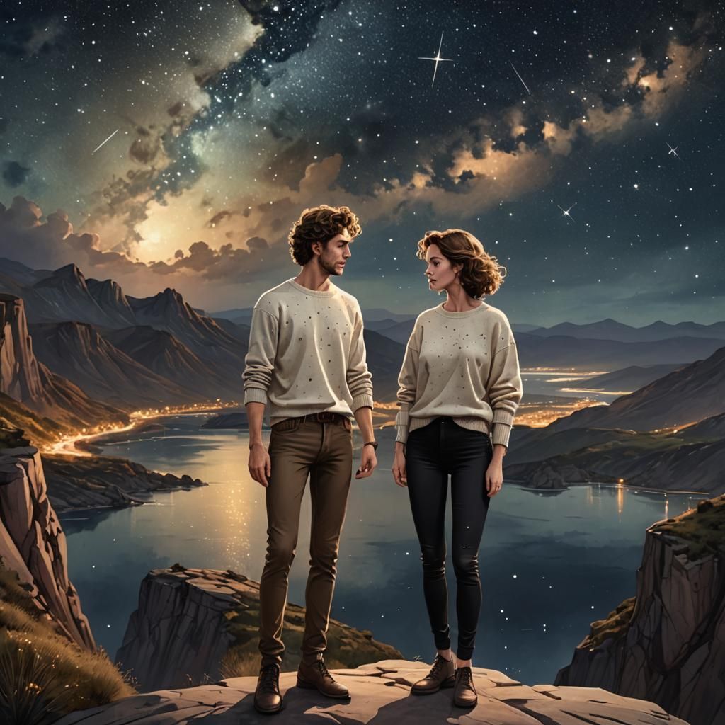 Watercolor Night Sky with Couple Under Big Dipper