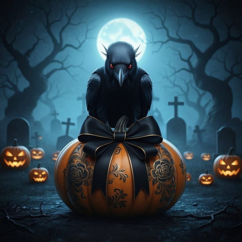 Raven on Decorated Pumpkin in Eerie Graveyard