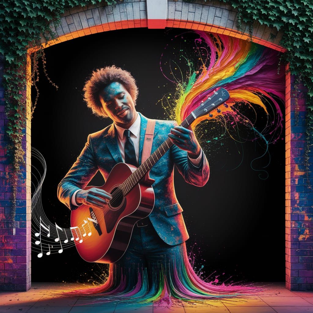 Musician Mural with Shimmering Notes in Vibrant Street Art S...