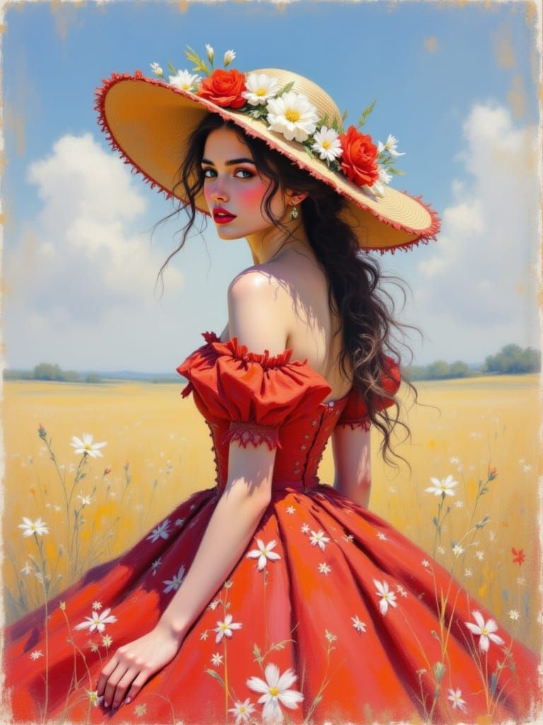 Regal Woman in Soft Pastel Red Gown Amidst Serene Open Sky