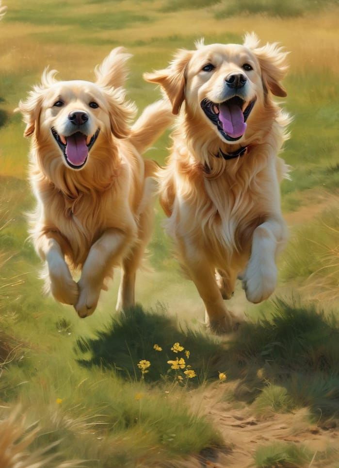 Golden Retrievers Running in Grassy Field