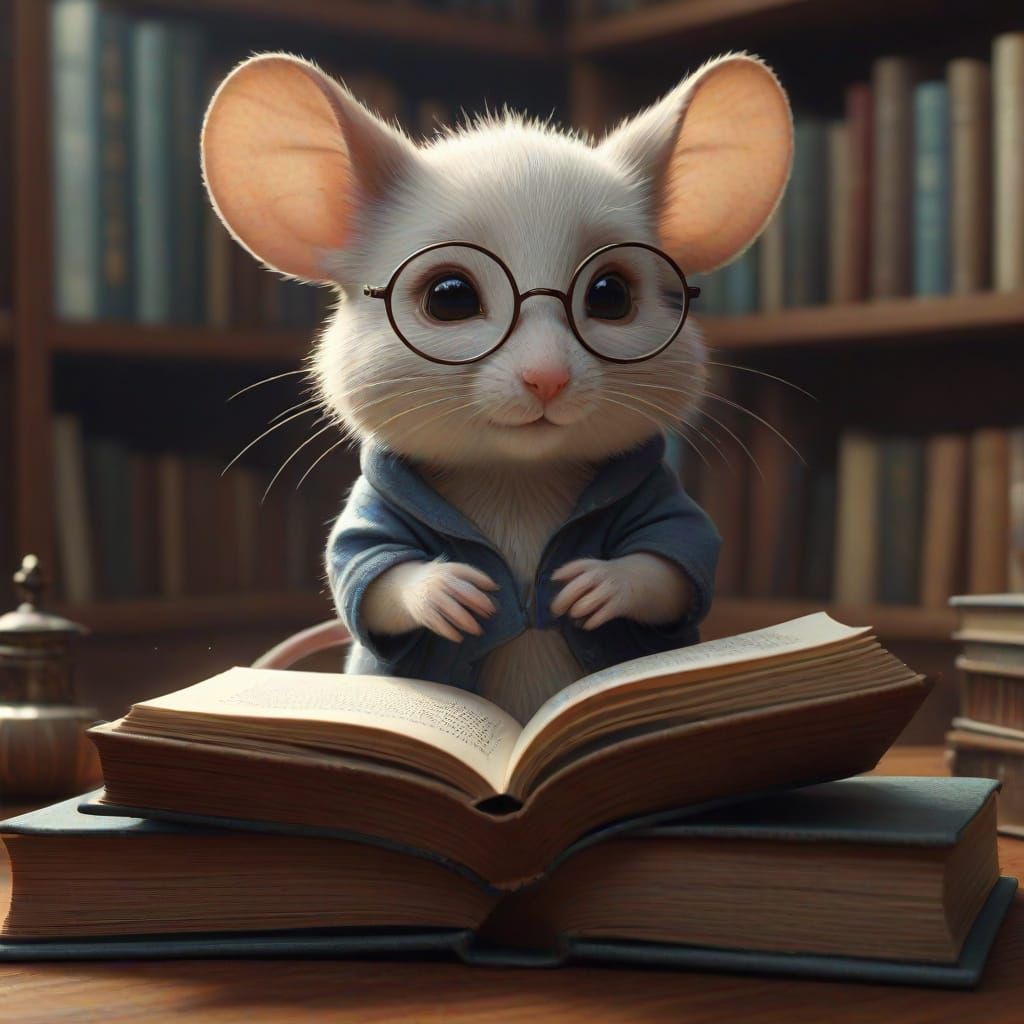 Adorable Mouse Reads Book in Dusty Library