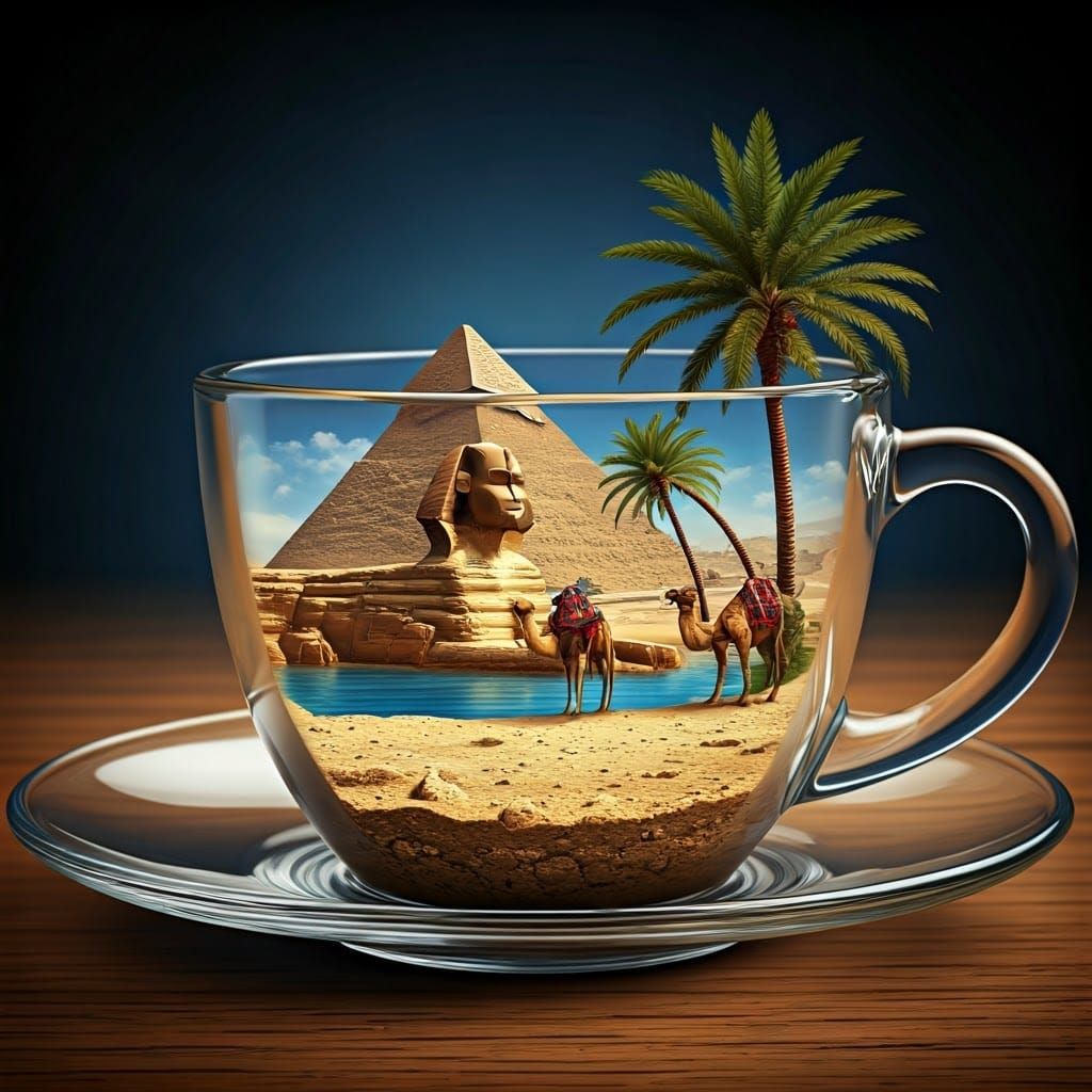 Egyptian World in Crystal Teacup: 4D Illustration