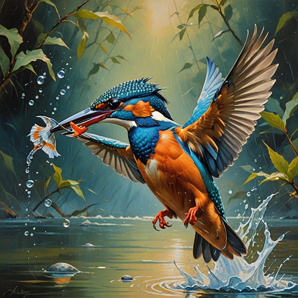 Kingfisher in Flight with Fish, Oil on Canvas Masterpiece