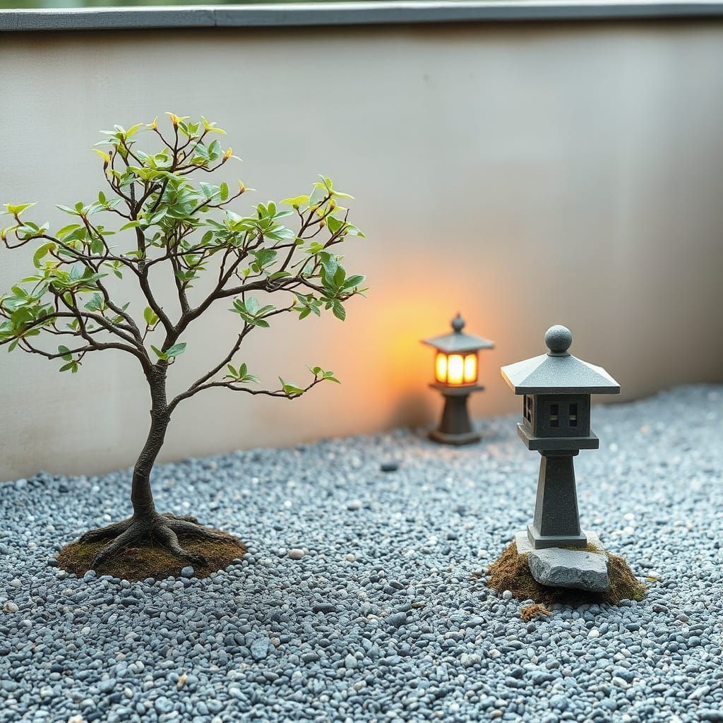 Zen Garden with Bonsai Trees in Watercolor Style