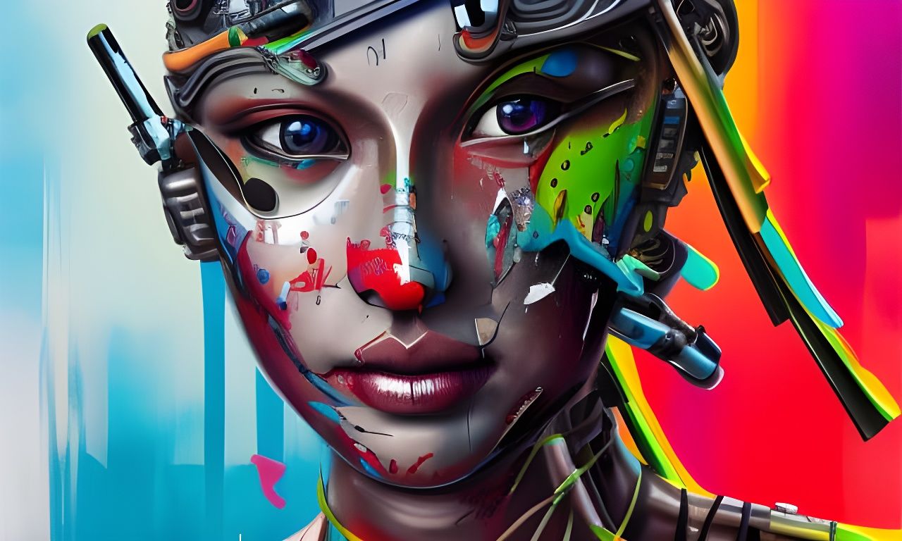 Cyborg Samurai Woman in Graffiti Art Style