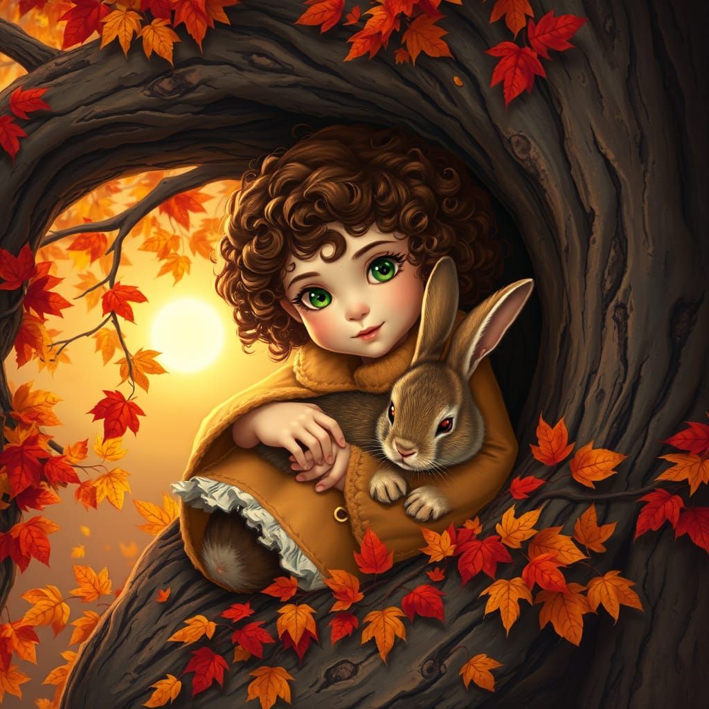 Dreamy Autumn Woodland Scene with Girl and Rabbit