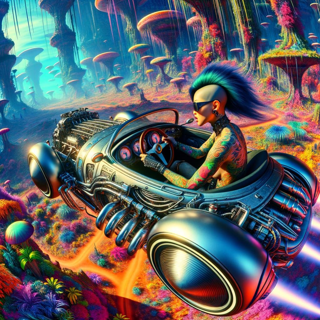 Sci-Fi Alien Drives Levitating Car in Colorful Landscape