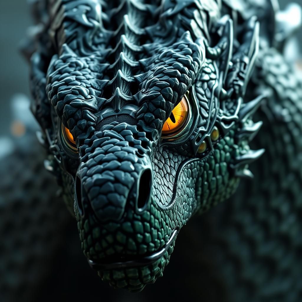 Detailed Dark Green Dragon with Piercing Yellow Eyes