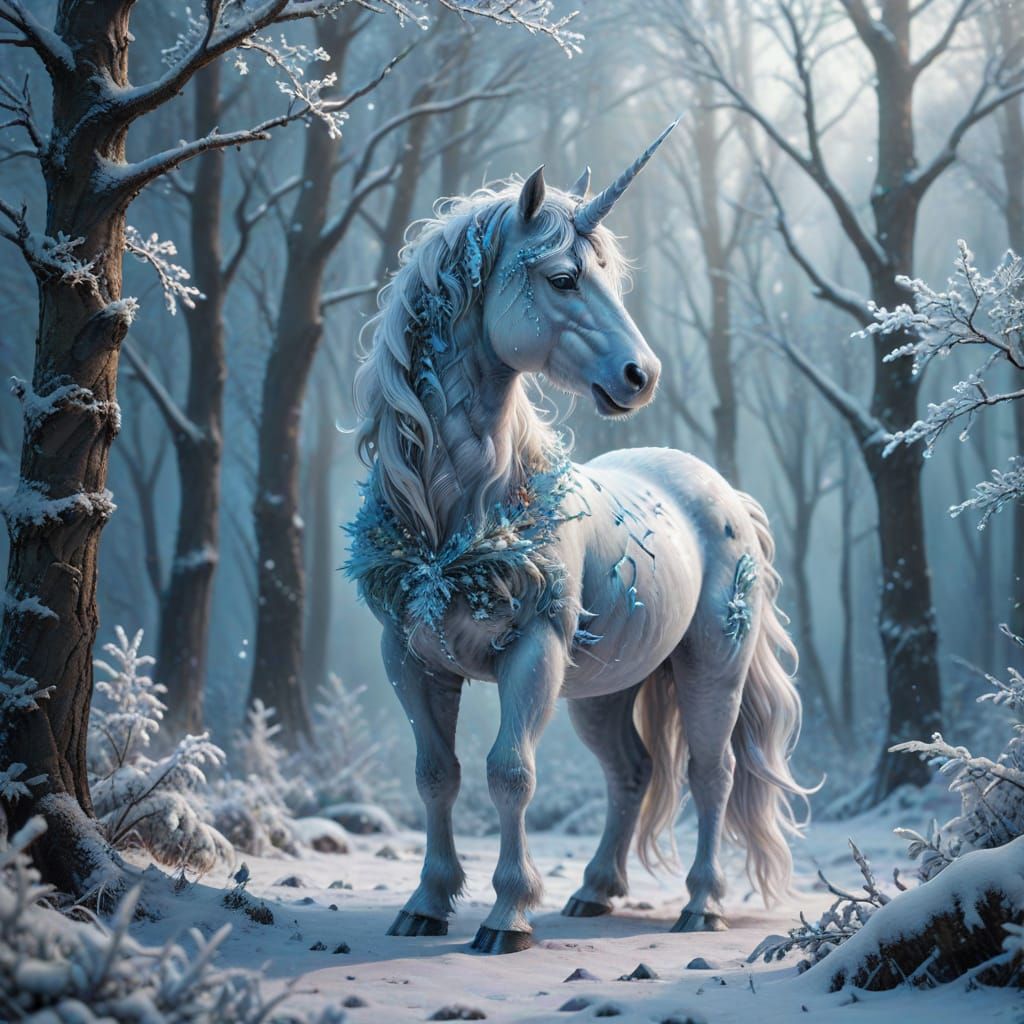 Vibrant Winter Unicorn in a Frosty Forest