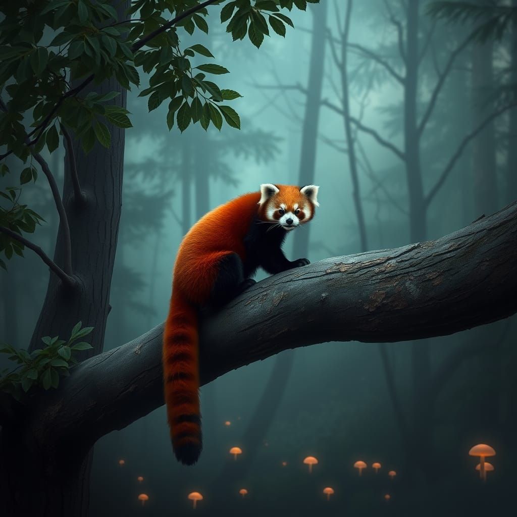 Red Panda in Misty Forest at Dusk