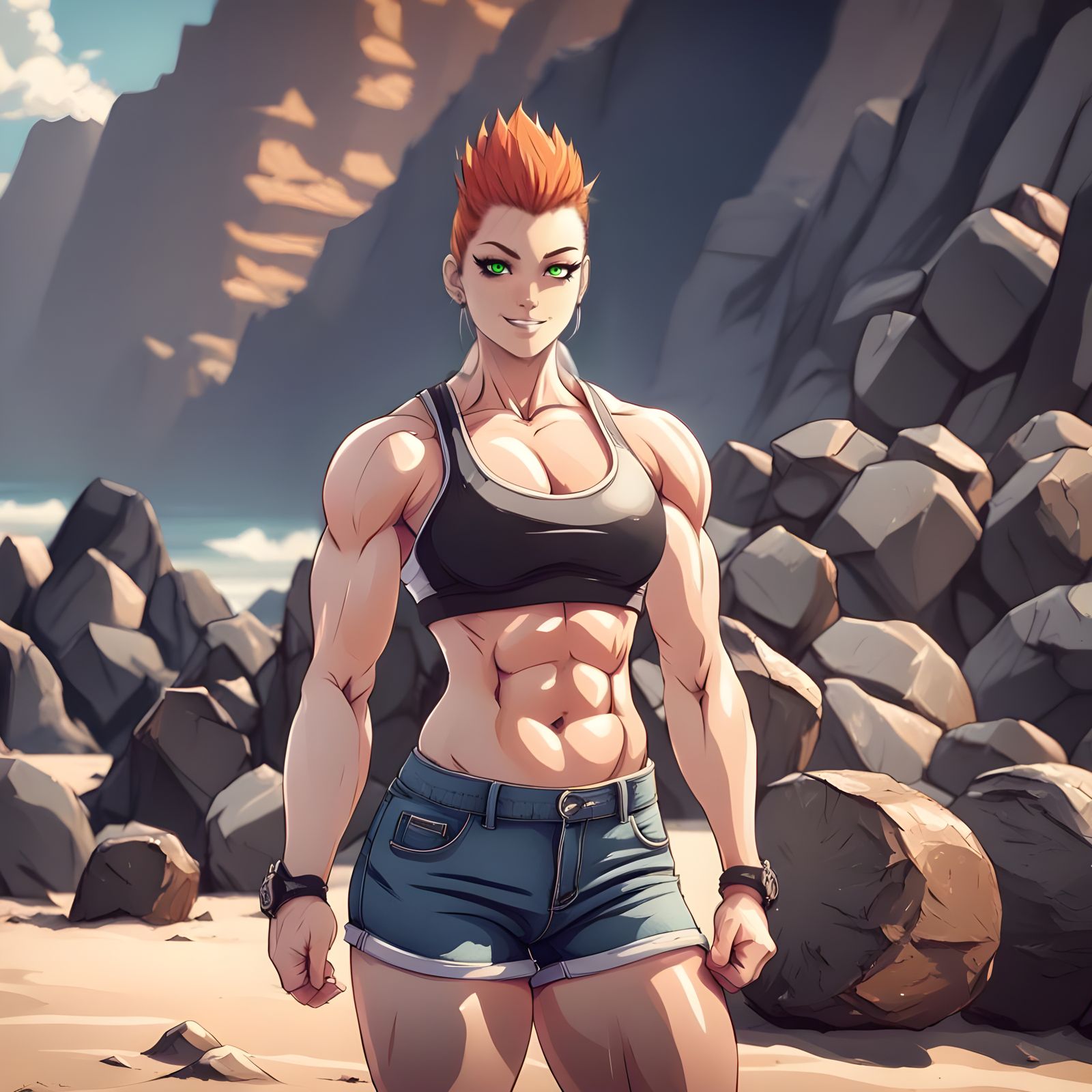 Strong Anime Goddess Flexes on Beachy Coastline