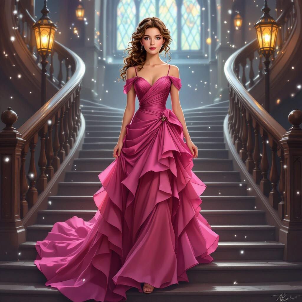 Hermione Granger Descends Hogwarts Staircase in Rose Gown