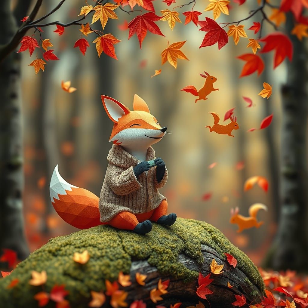 Origami Fox Plays Harmonica in Autumn Forest