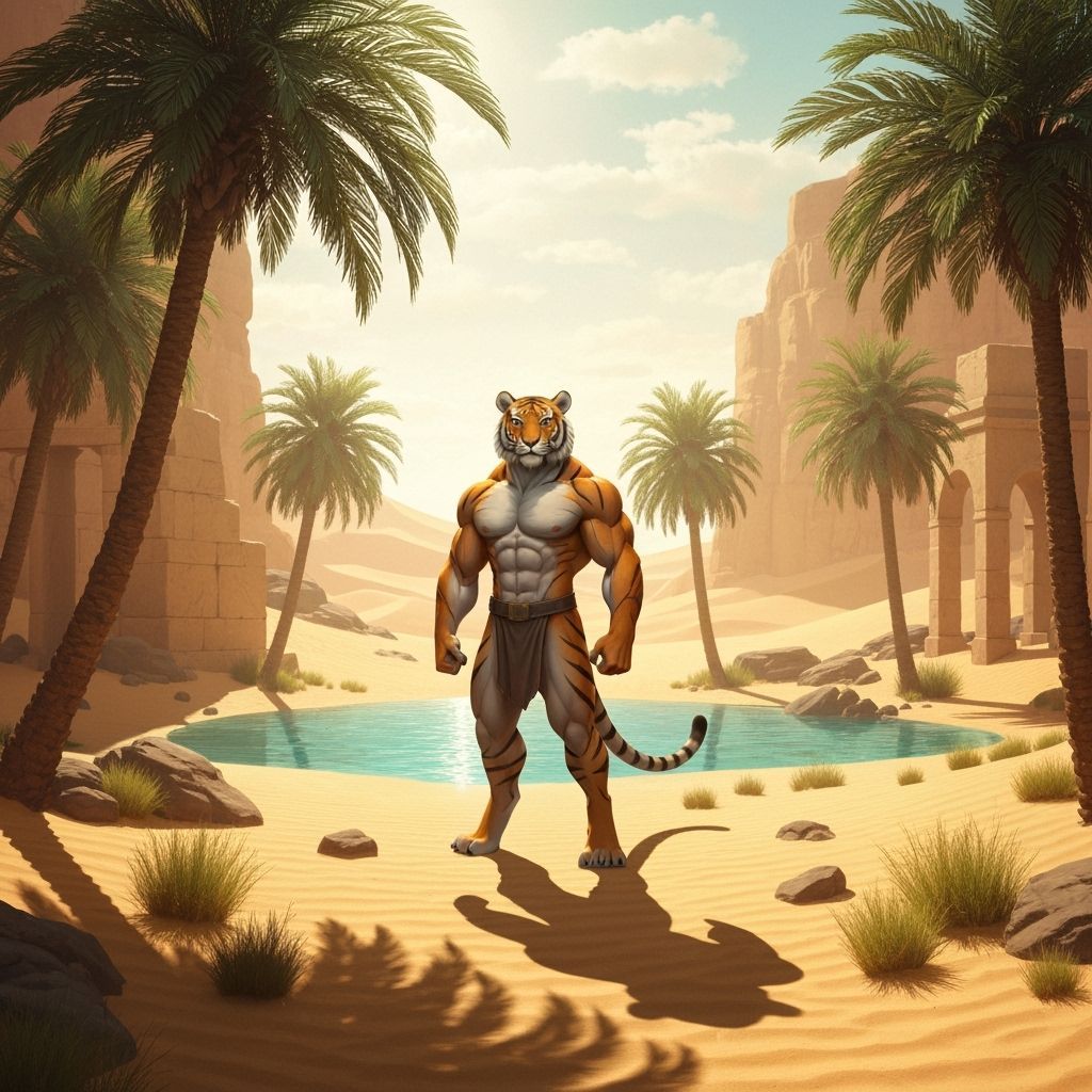 Tiger in Desert Oasis, Hyperrealistic Landscape Art