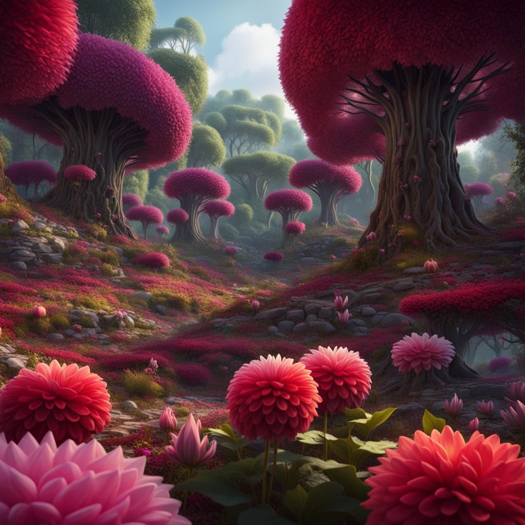 Pompon Dahlia Forest in Detailed Matte Painting