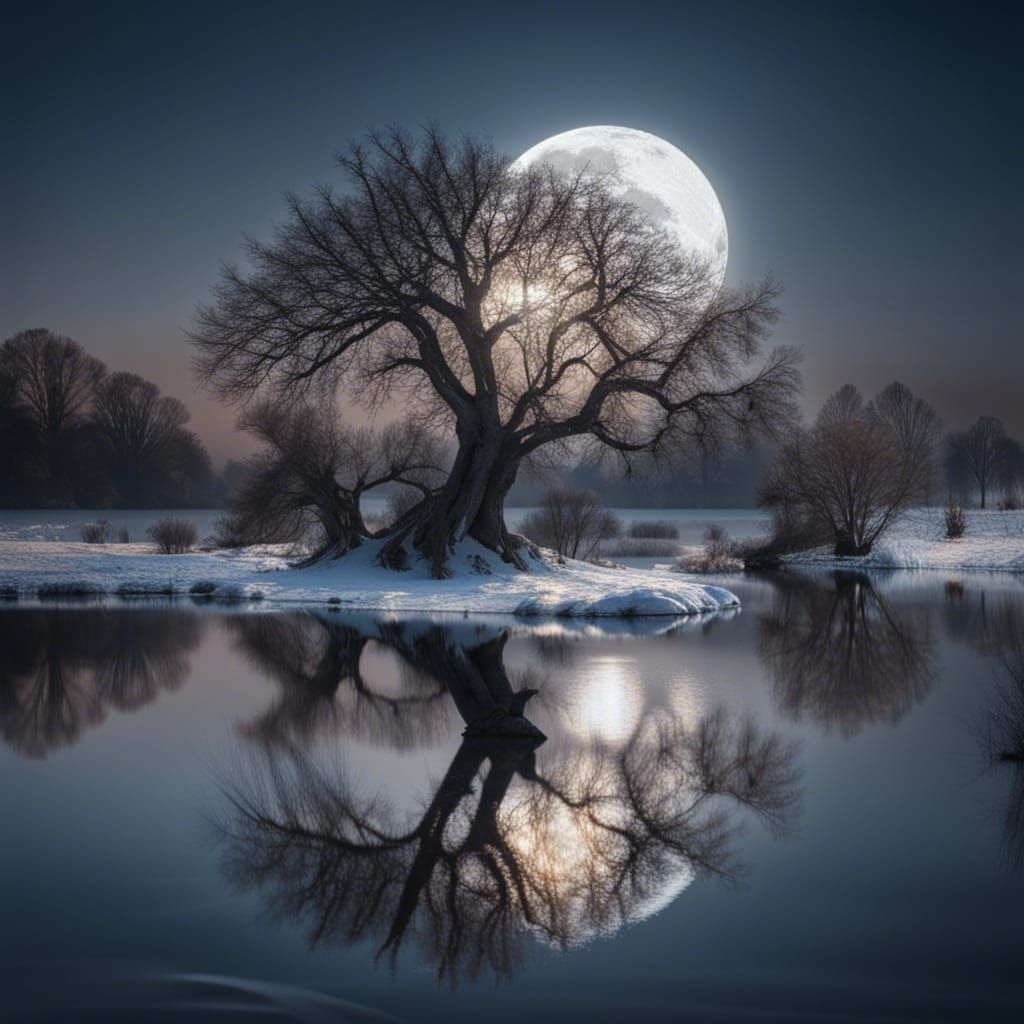 Moonlit Reflection on Frozen Lake in Winter