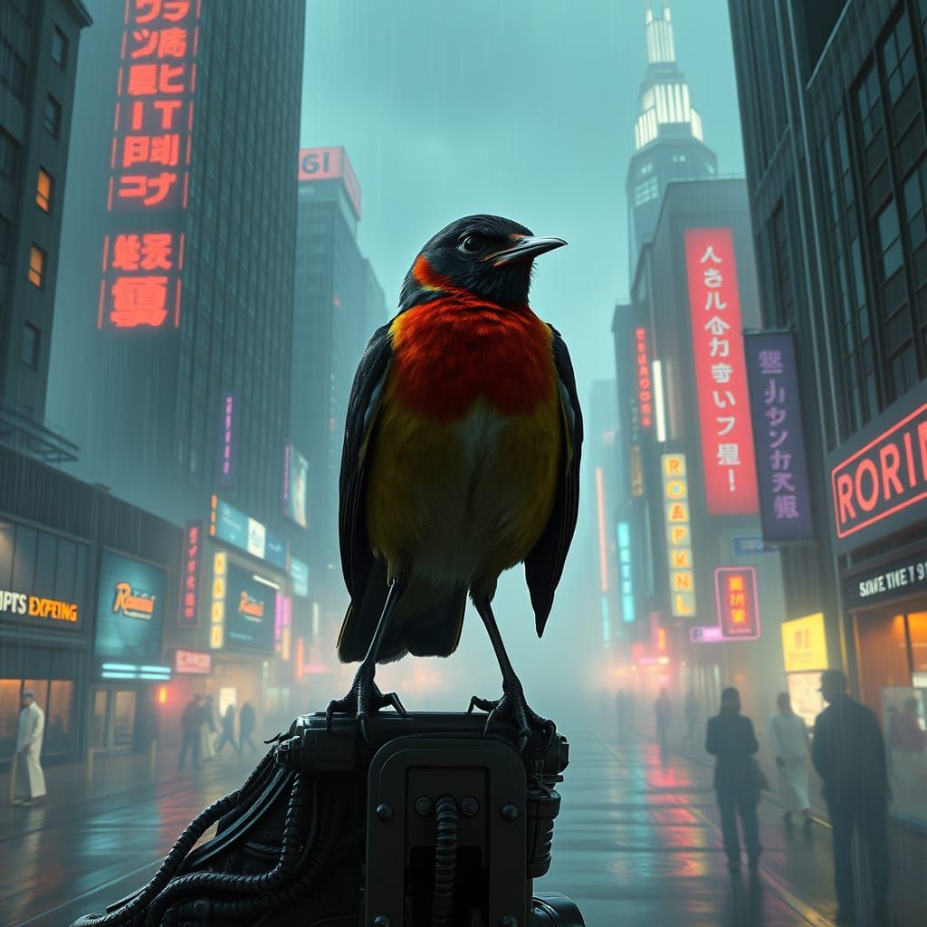 Robin in Dystopian Cyberpunk Cityscape