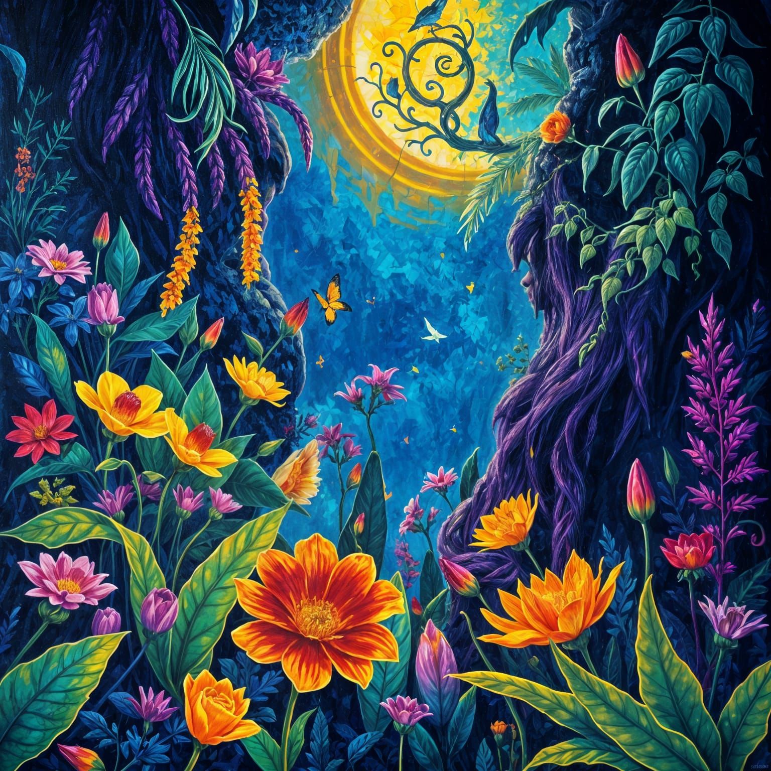 Neon Mosaic: Dark Fantasy Flora in Expressionist Style