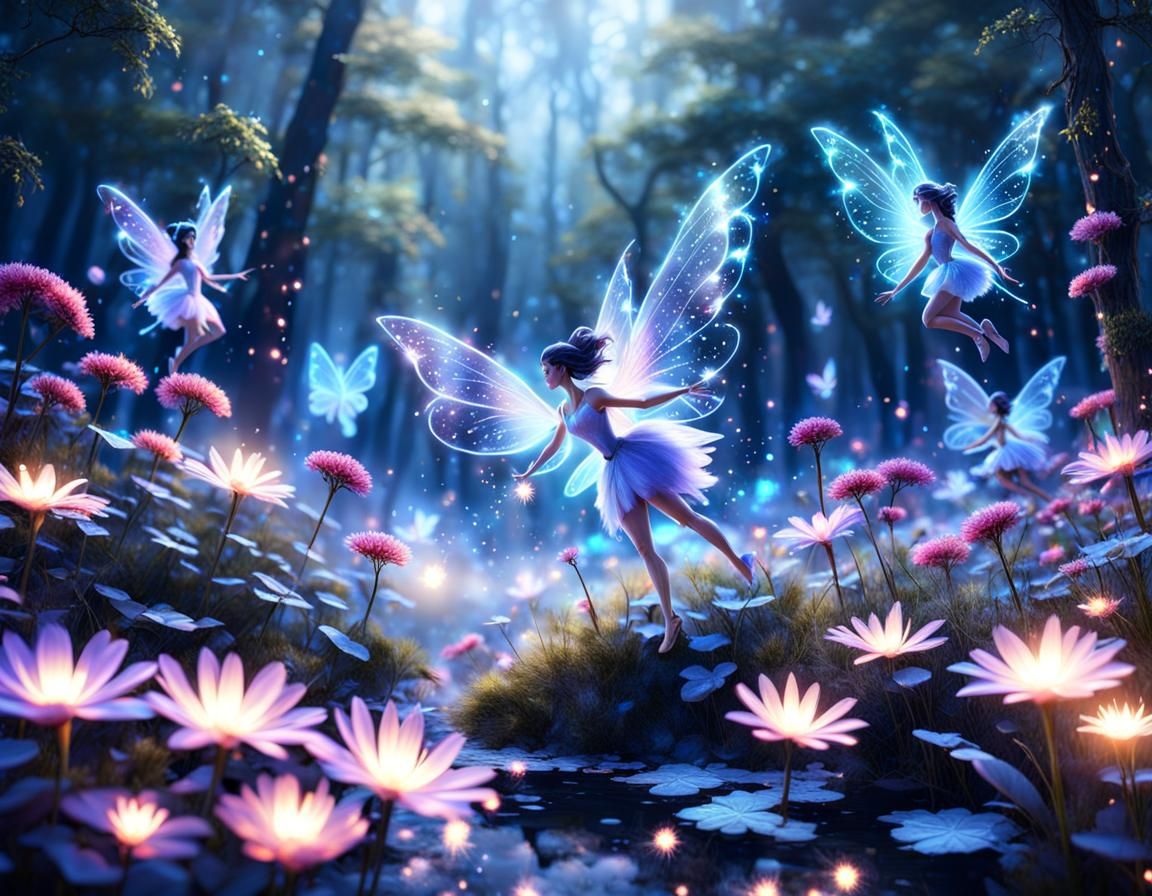 Fairies in Magical Forest with Glowing Flowers