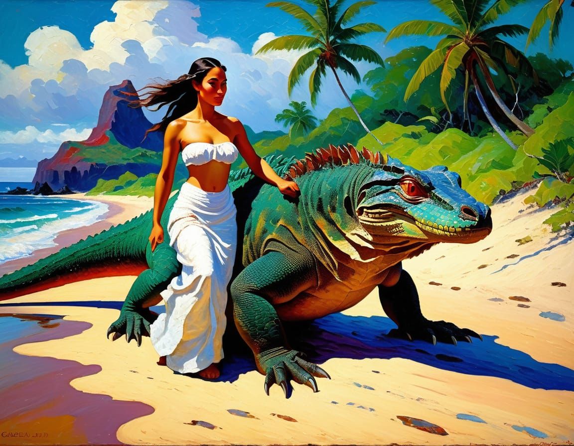 Polynesian Princess on Dragon: Post-Impressionistic Painting
