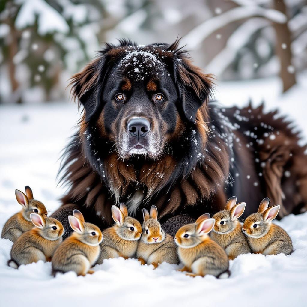Newfoundland Dog Sheltering Rabbits in Snowstorm