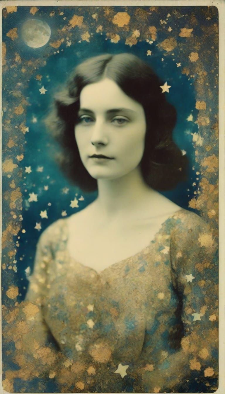 Woman Under Golden Stars in a Whimsical, Grungy Dreamlike Sc...