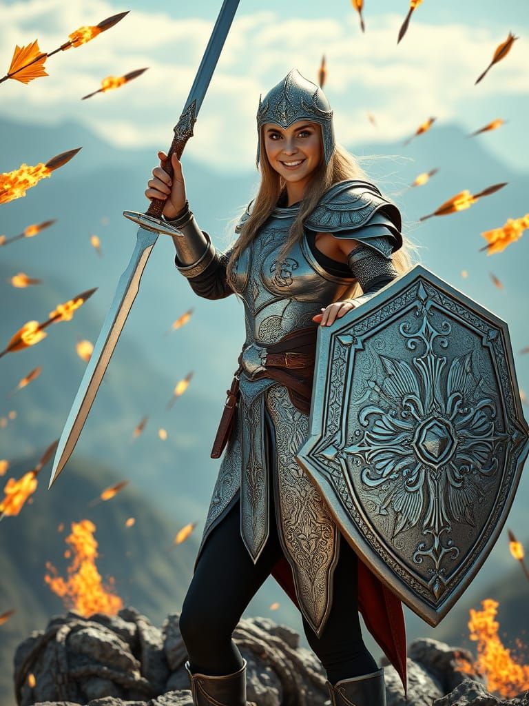 Female Warrior in Silver Armor on Mountaintop