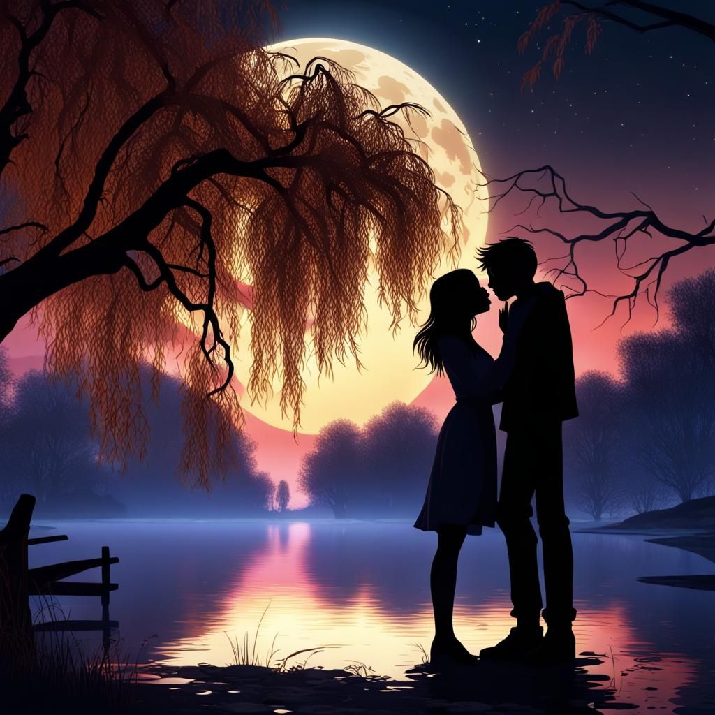 Romantic Kiss Under Willow Tree at Night