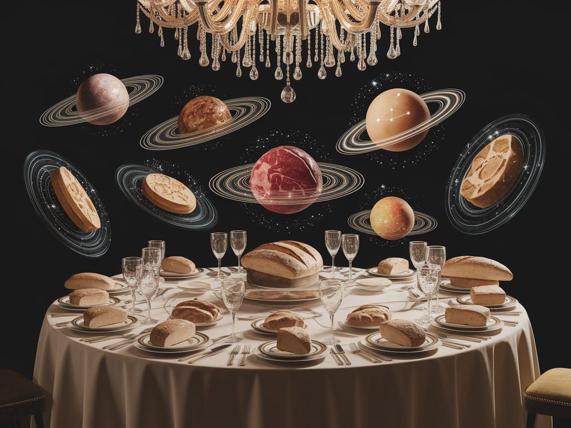 Surreal Levitating Banquet Table with Floating Food