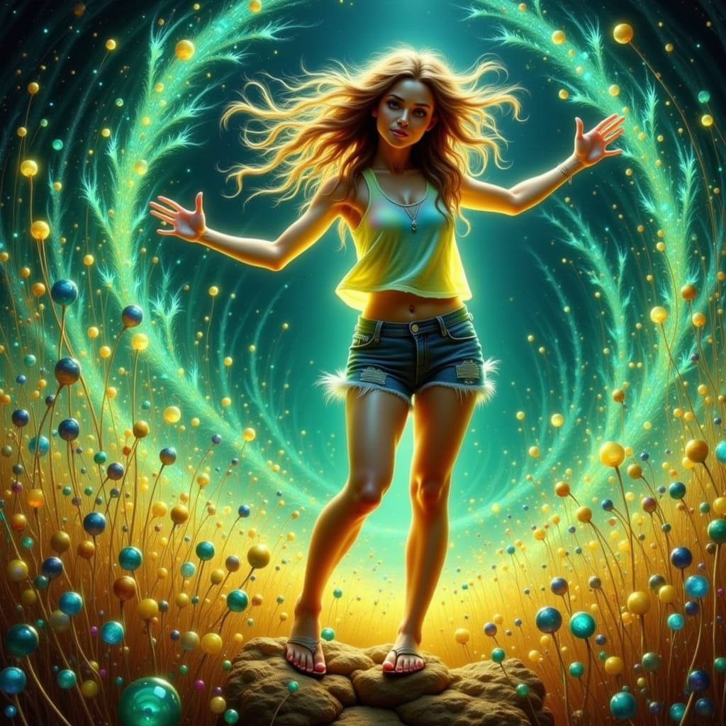 Woman Dancing in Meadow with Circuit Overlay