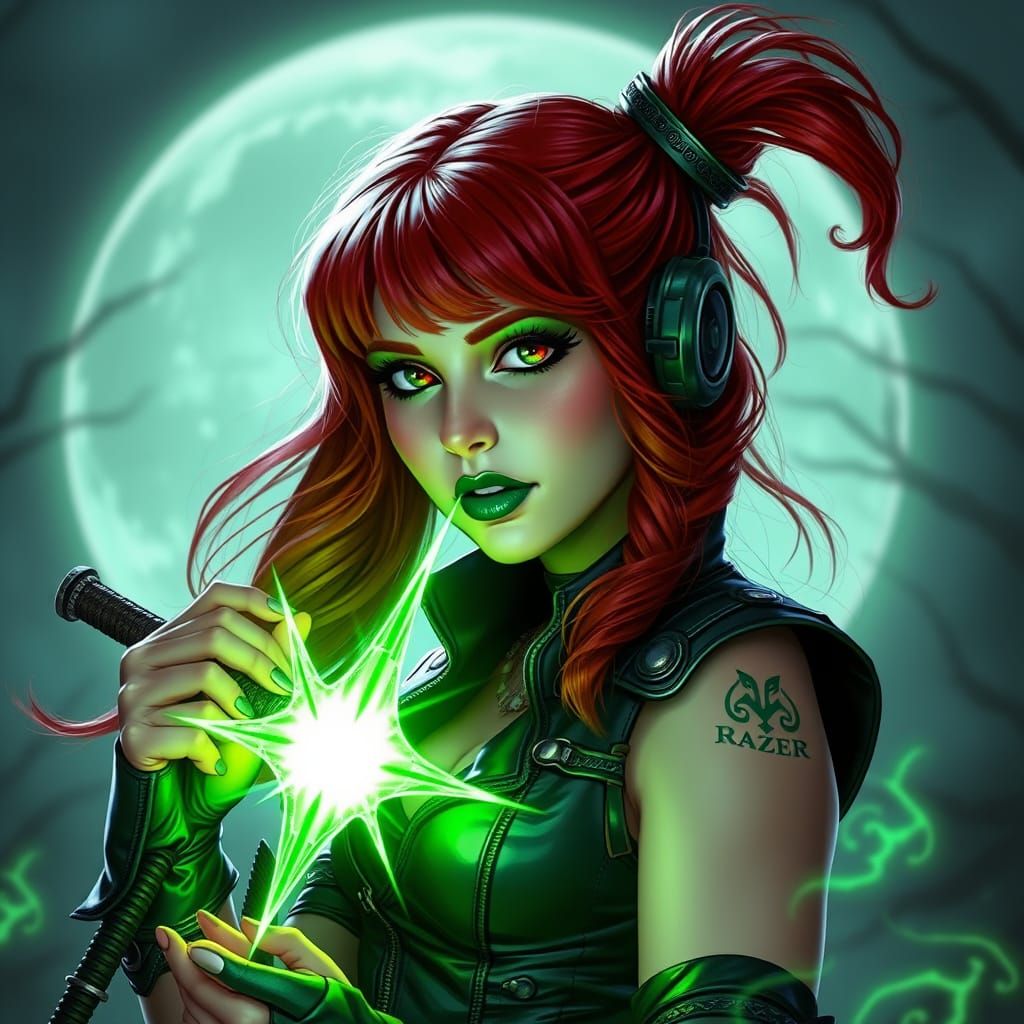 Gothic Hex Girl with Magic Wand in Moonlight