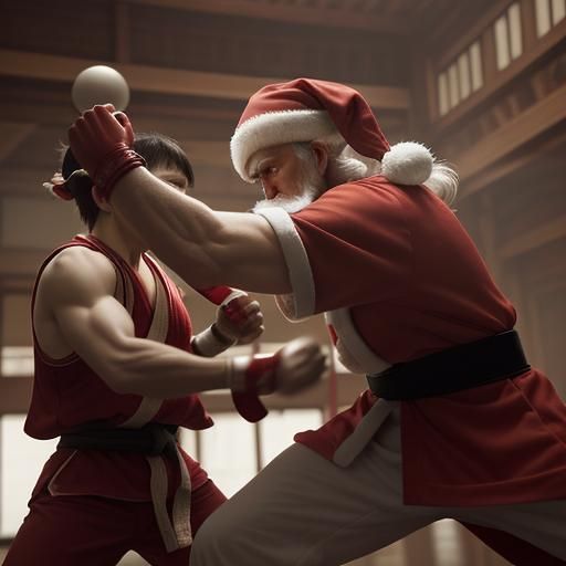 Hyperrealistic Kung Fu Santa Sparring with Elf