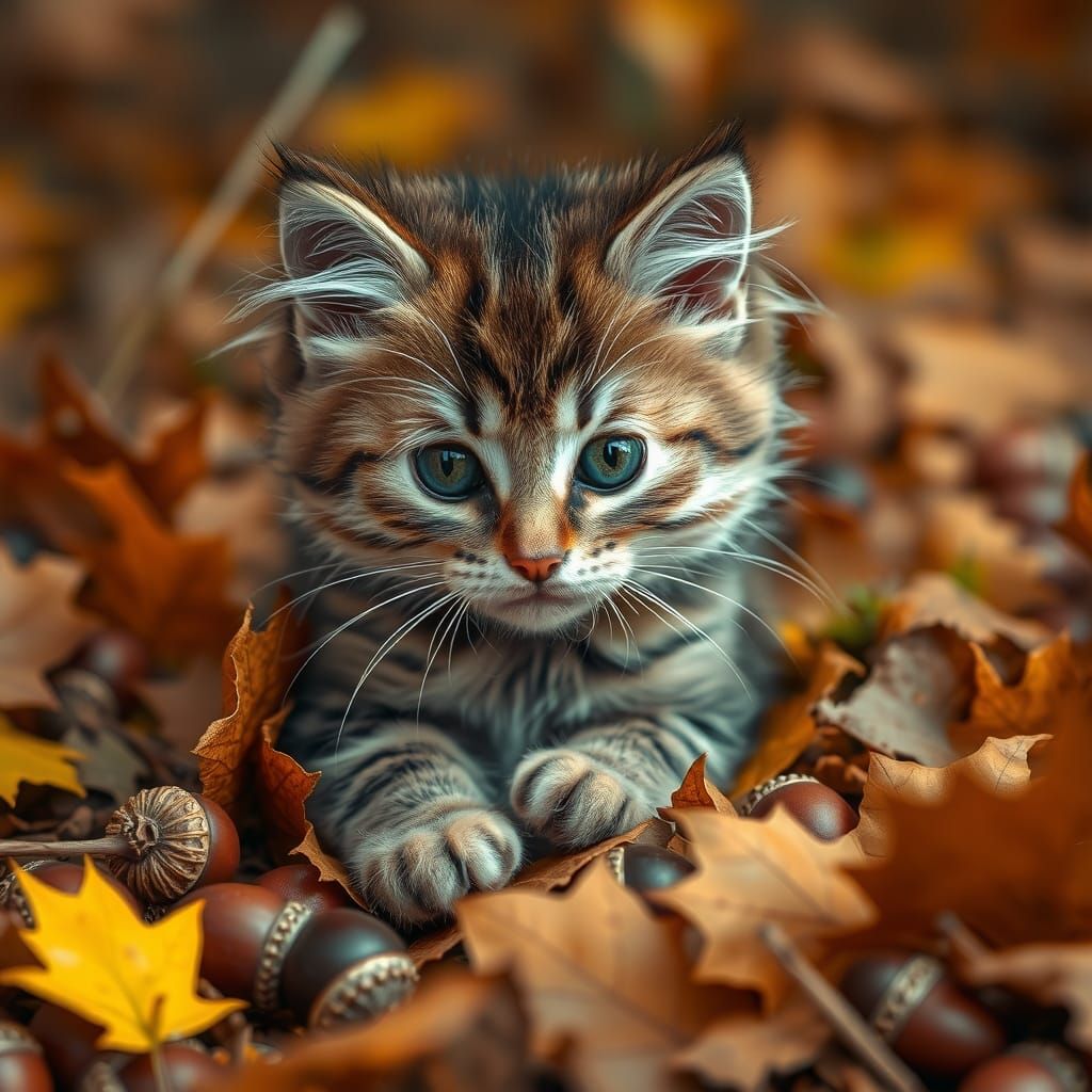 Cute Tabby Kitten Plays in Autumn Leaves