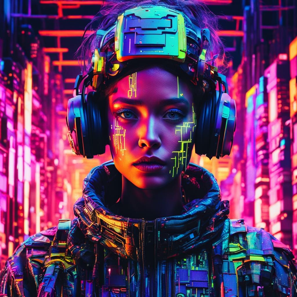 Neon Noir Model in Biopunk Cyberpunk Cityscape