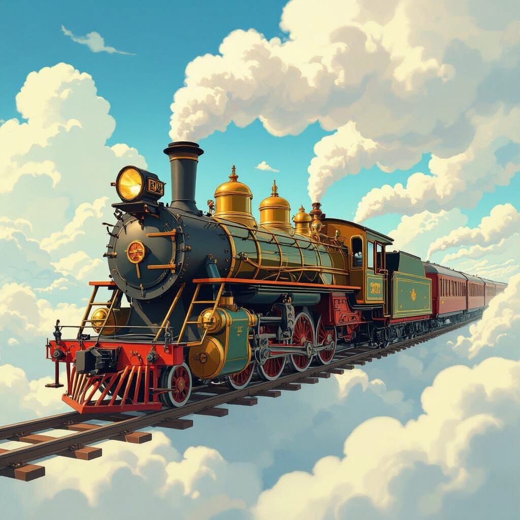 Victorian Steam Train Soaring Through Anime Sky