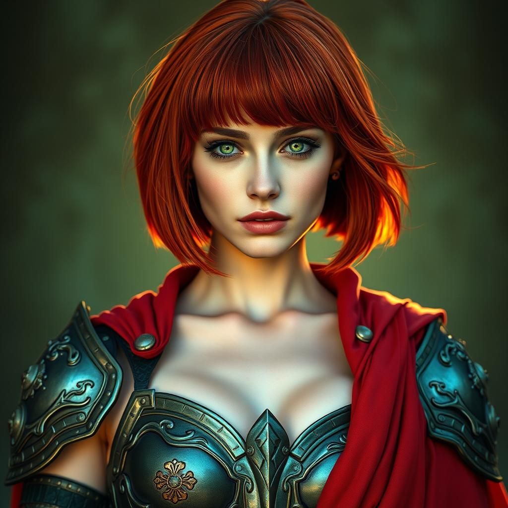 Armored Woman with Red Hair and Green Eyes