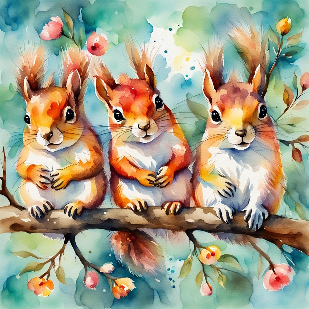 Whimsical Squirrels on Floral Branch, Watercolor Illustratio...