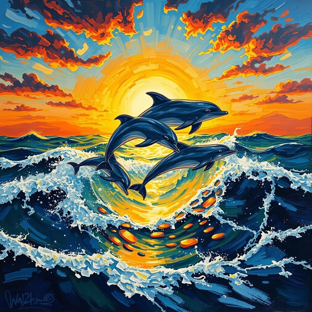 Dolphins Leaping at Sunset in Expressionist Style